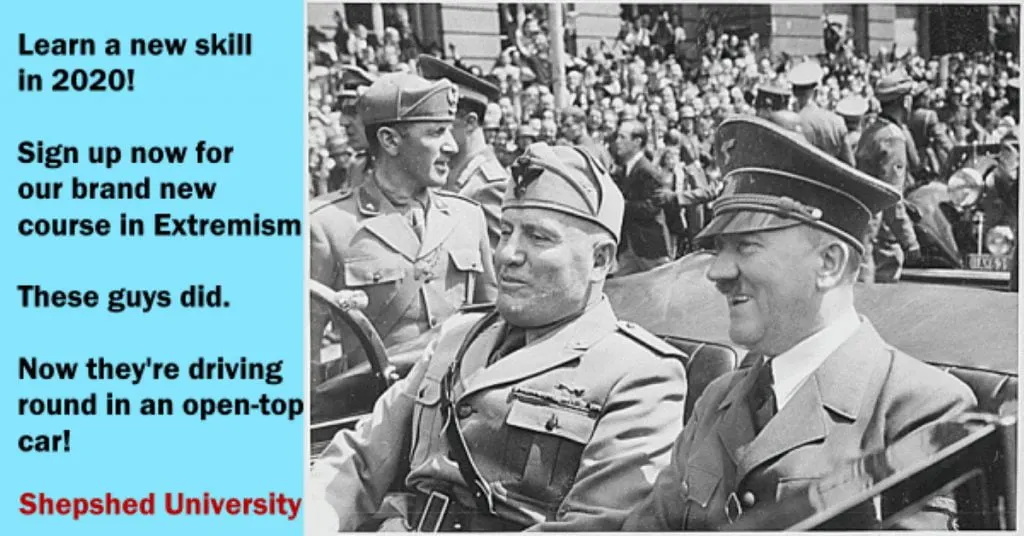 shepshed university extremism course daily distress satire